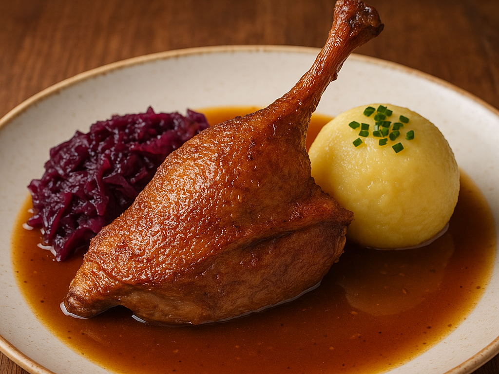 Bayrische Ente mit Knödel, Blaukraut und Jus